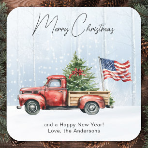 Vintage Red Truck USA Flag Patriotic Christmas  Square Sticker