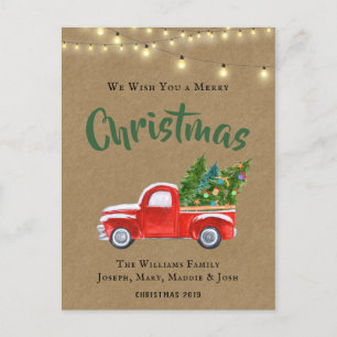 VINTAGE RED TRUCK WATERCOLOR RUSTIC CHRISTMAS HOL HOLIDAY POSTCARD