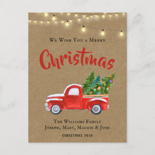 VINTAGE RED TRUCK WATERCOLOR RUSTIC CHRISTMAS HOLIDAY POSTCARD