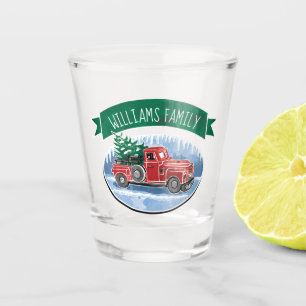 Vintage Red Truck Winter Monogram Family Name Shot Glass