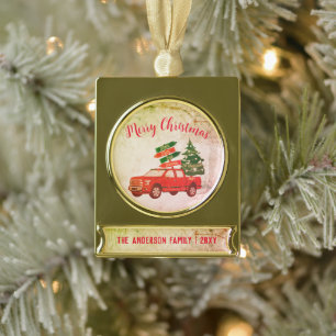 Vintage Red Truck Winter Tree Merry Christmas Gold Plated Banner Ornament