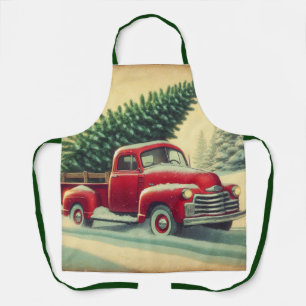 Vintage red truck with Christmas tree Apron