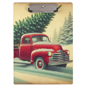 Vintage red truck with Christmas tree Clipboard