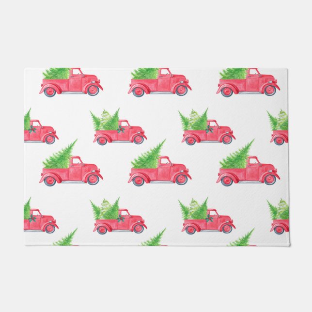 Vintage Red Truck with Christmas Tree Doormat (Front)