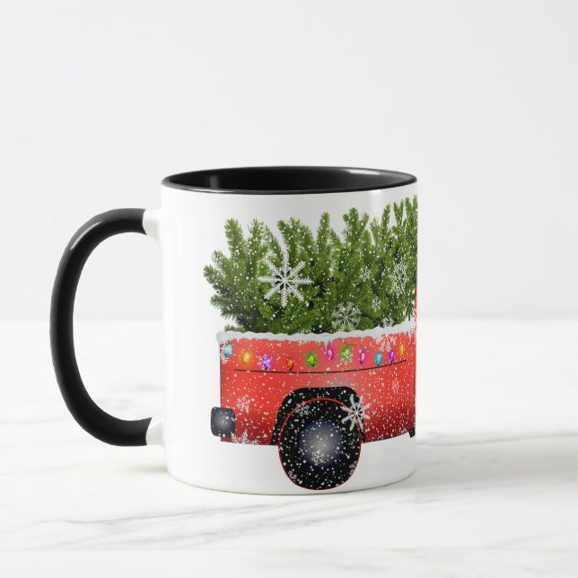 Vintage Red Truck with Christmas Tree drawing  Mug (Left)