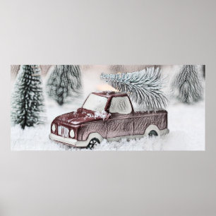 Vintage Red Truck with Christmas Tree drawing  Poster
