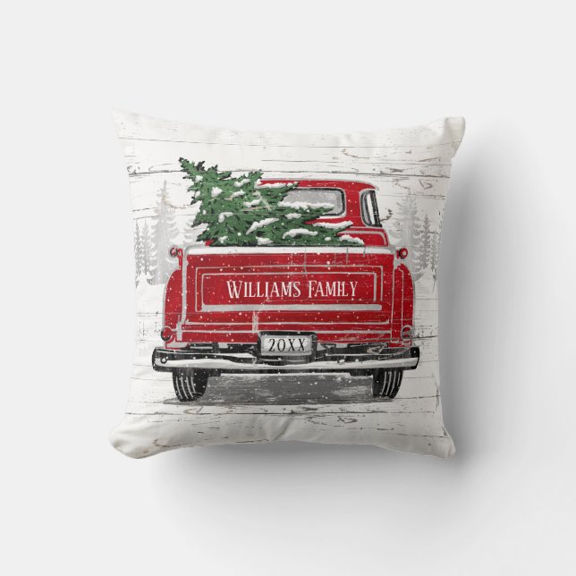 Vintage Red Truck with Christmas Tree Family Name Cushion (Front)