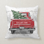 Vintage Red Truck with Christmas Tree Family Name Cushion<br><div class="desc">Add a Rustic touch to your holiday home decor with this throw pillow. The design features a vintage red truck with a Christmas tree on a background of white weathered wood. On the back of the truck is your family name and year on the license plate to personalise. Designed by...</div>