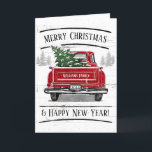 Vintage Red Truck with Christmas Tree Family Name Holiday Card<br><div class="desc">This personalized rustic holiday folded card features a vintage red truck with a Christmas tree. It reads "Merry Christmas & Happy New Year!" Personalize with your family name and year in a modern white font. Inside of the card has a greeting which you may leave as is or customize. Designed...</div>