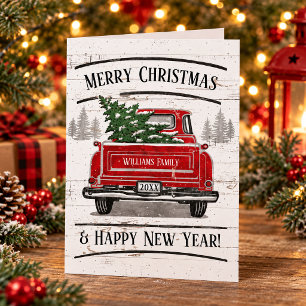 Vintage Red Truck with Christmas Tree Family Name Holiday Card