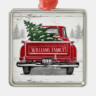 Vintage Red Truck with Christmas Tree Family Name Metal Tree Decoration