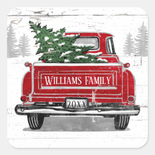 Vintage Red Truck with Christmas Tree Family Name Square Sticker