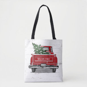 Vintage Red Truck with Christmas Tree Family Name Tote Bag