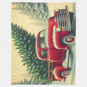 Vintage red truck with Christmas tree Fleece Blanket