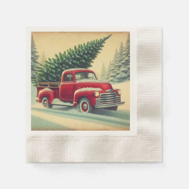 Vintage red truck with Christmas tree Napkin (Front)
