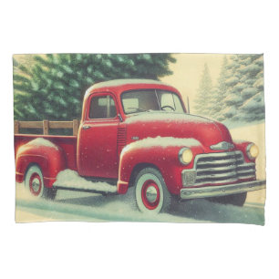 Vintage red truck with Christmas tree Pillowcase