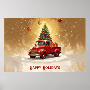 Vintage Red Truck with Christmas Tree Poster