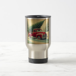 Vintage red truck with Christmas tree Travel Mug