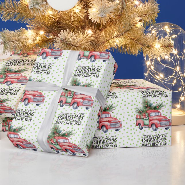 Vintage  red truck with Christmas tree   Wrapping Paper (Holidays)