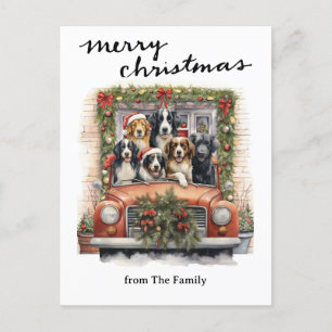 Vintage Red Truck with Dogs Christmas Holiday Postcard