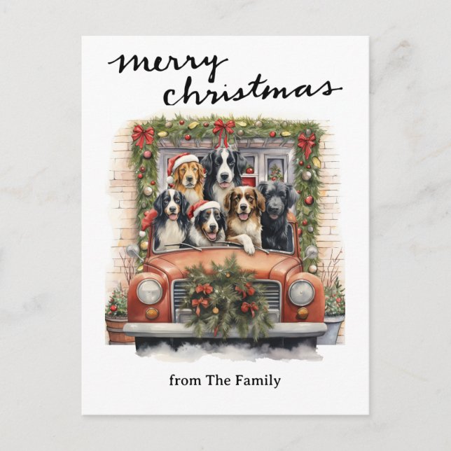 Vintage Red Truck with Dogs Christmas Holiday Postcard (Front)