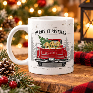 Vintage Red Truck with Dogs Rustic Merry Christmas Large Coffee Mug