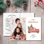 Vintage Red Truck with Tree, Merry Christmas Photo Postcard<br><div class="desc">Spread holiday cheer with this postcard featuring festive a vintage red truck carrying a Christmas Tree. Customise by uploading your vertical photo. The backside features your custom greetings, name and note (or delete to leave space for a handwritten note). Add your return address to the back too. A card that's...</div>