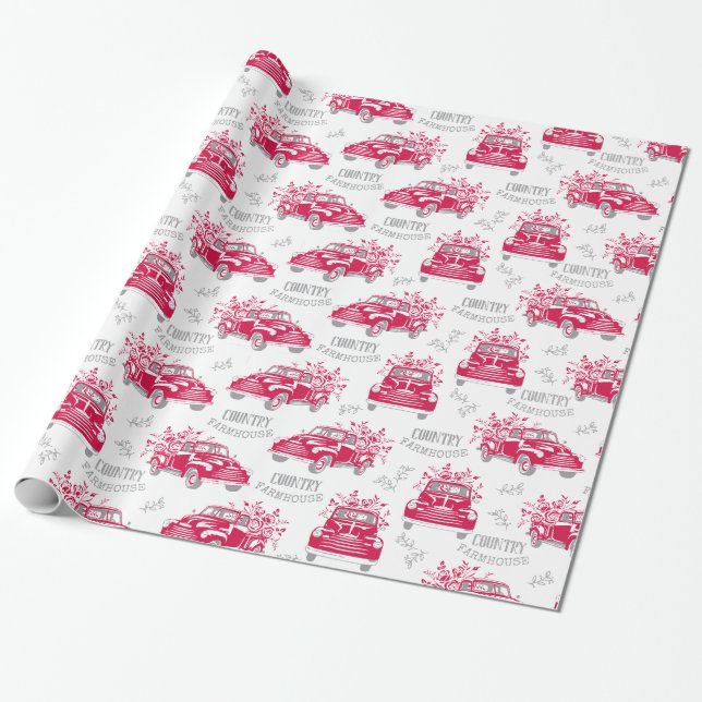Vintage Red Truck Wrapping Paper (Unrolled)