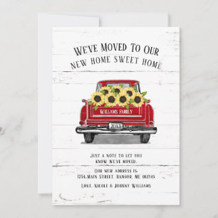 Vintage Red Truck Yellow Sunflowers Rustic Moving Announcement