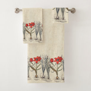 Vintage Red Tulip Flowers Besler Bath Towel Set