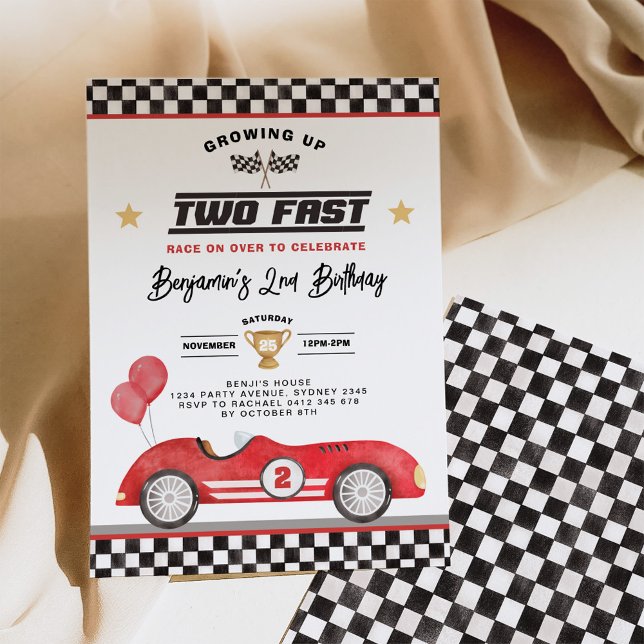 Vintage Red Two Fast Race Car Boy 2nd Birthday Invitation (Creator Uploaded)