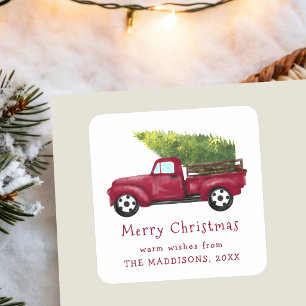 Vintage Red Watercolor Christmas Truck Square Sticker