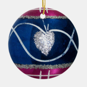 Vintage Red White Blue Heart Glass Christmas Ceramic Tree Decoration