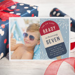 Vintage Red White & Blue Pop Kids Birthday Photo Invitation<br><div class="desc">Chill out with these cute popsicle themed party invitations for your little one's summer birthday party. Perfect for birthdays that fall near Fourth of July or Labour Day Weekend, this fun summer design features a red, white and blue ice cream pop illustration in a vintage style, on a blue background...</div>