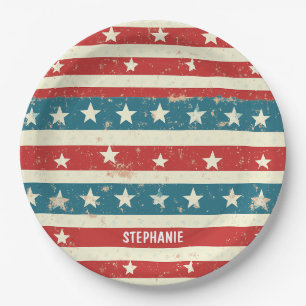 Vintage Red, White & Blue Stripes with Stars Paper Plate