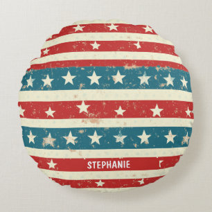 Vintage Red, White & Blue Stripes with Stars Round Cushion