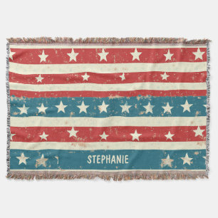 Vintage Red, White & Blue Stripes with Stars Throw Blanket