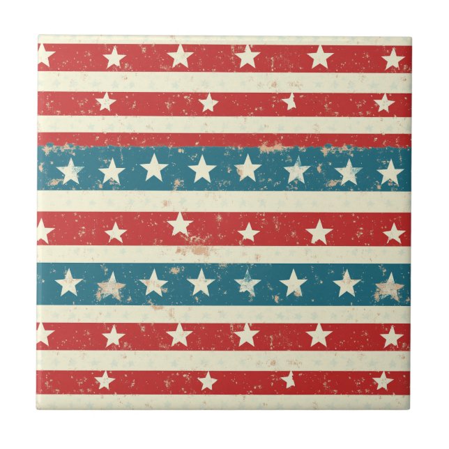 Vintage Red, White & Blue Stripes with Stars Tile (Front)