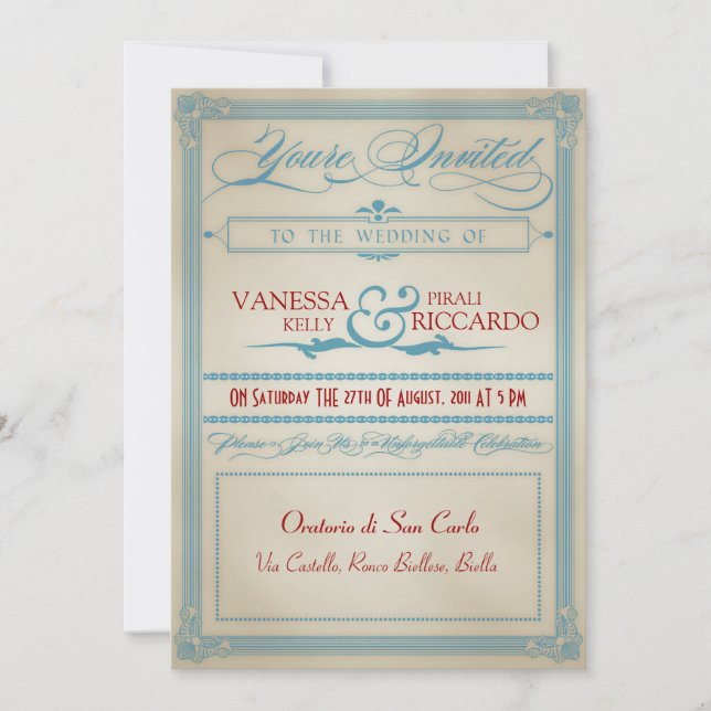 Vintage Red White & Blue Wedding Invitation (Front)
