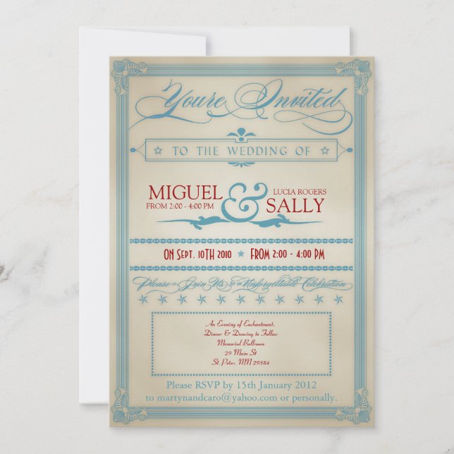 Vintage Red White & Blue Wedding Invitation (Front)