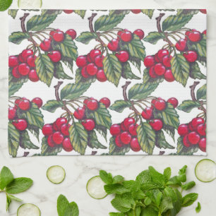 Vintage Red & White Cherry Fruit Pattern Cute Tea Towel