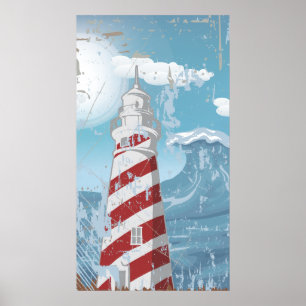 Vintage red white lighthouse grunge poster print