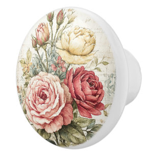 Vintage Red White Pink Roses  Ceramic Knob
