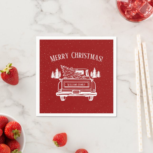 Vintage Red White Truck Merry Christmas Napkin (Insitu)