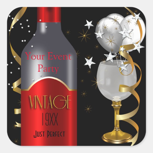 Vintage Red Wine Black Gold Silver Square Sticker (Front)