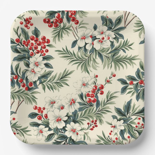 Vintage Red Winterberry Christmas  Paper Plate (Front)