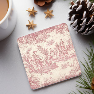 Vintage red women toile de jouy printed stone coaster