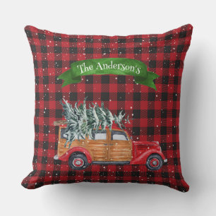 Vintage Red Wooden Panel Truck with Christmas Tree Cushion