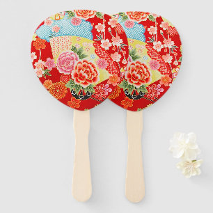 Vintage Red Yellow Japanese Kimono Floral Flower Hand Fan