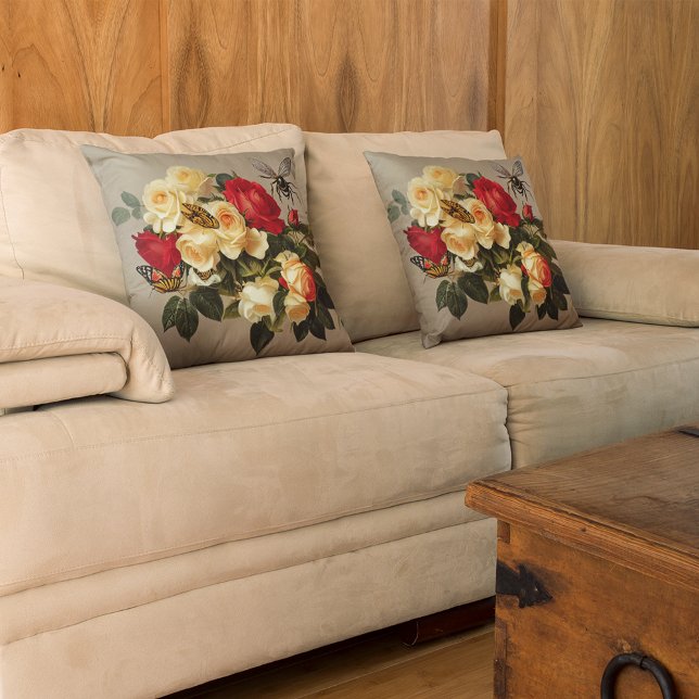 Vintage Red Yellow Roses Butterflies Bees Cushion (Creator Uploaded)